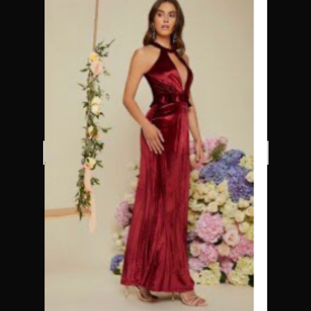 SHEIN Wine Red Halter Velvet Maxi Dress
